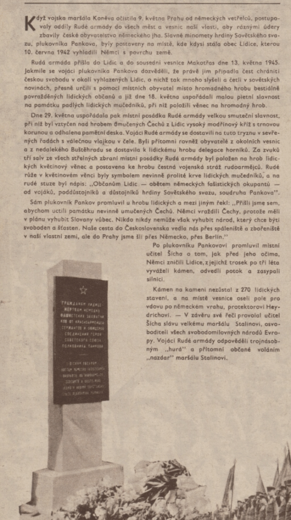 Rudá armáda zbudovala nad hrobem lidických mužů památník, jenž byl odhalen během národní tryzny 10. června 1945 /Svět sovětů 22. 6. 1945