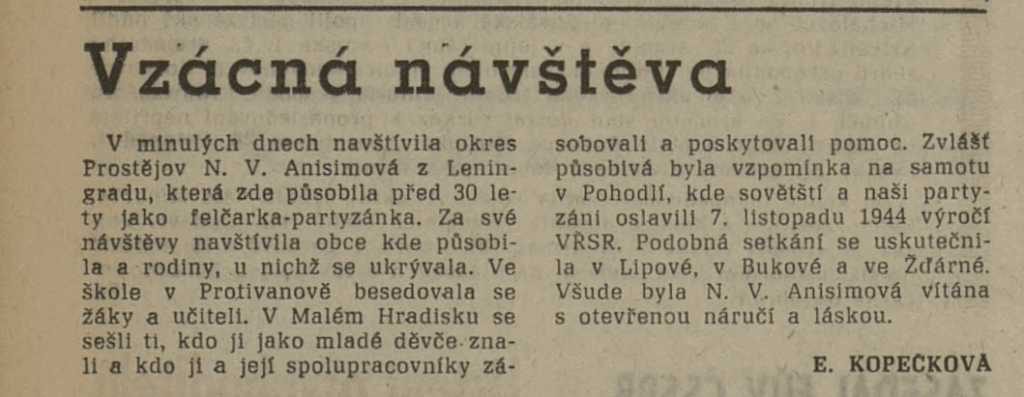 Hlas revoluce, týdeník Českého svazu bojovníků za svobodu 16. 11. 1974. Jako čestný host vystoupila Naděžda Vasiljevna také na slavnostním zasedání okresního výboru protifašistických bojovníků.