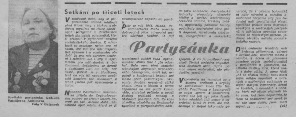 Medailon sovětské partyzánky ve Stráži lidu 26. 10. 1974