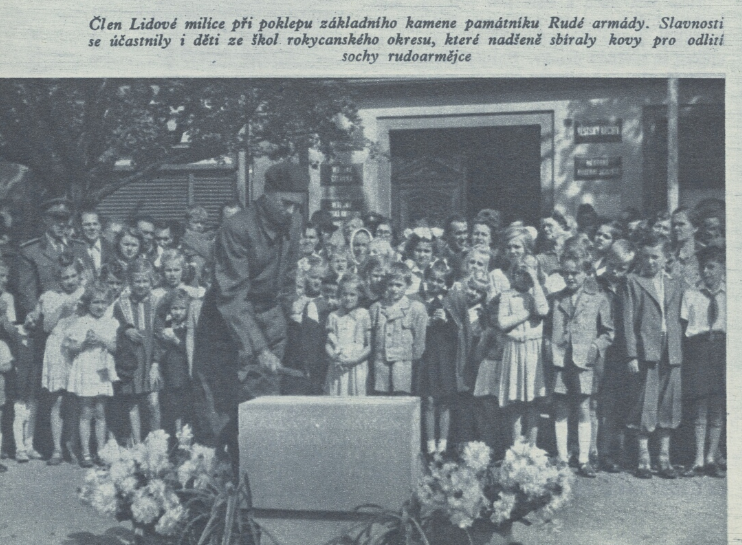 Rokycany, slavnost položení základního kamene pomníku Rudé armádě, září 1951 /Svět sovětů, časopis Svazu čs.-sovětského přátelství 7. 5. 1952