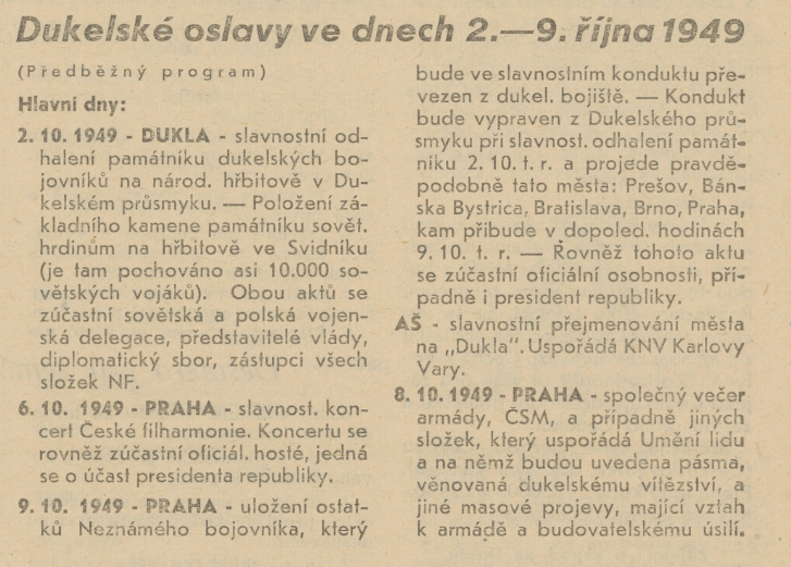 Oznámení o přejmenování Aše na Duklu v programu slavností /Věrná stráž, týdeník Svazu Čechů z Volyně 31. 8. 1949
