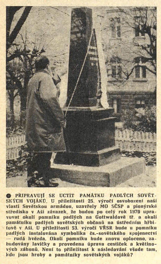 Závazek péče a „vylepšení“ pomníku padlým o sovětskou symboliku /Hraničář 28. 4. 1970