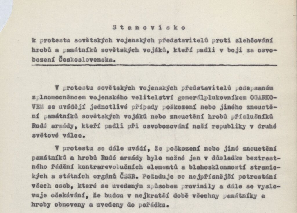 Popis sovětského protestu ve stanovisku vypracovaném ministerstvem vnitra 27. září 1968 /Archiv bezpečnostních složek, f. Sekretariát ministra vnitra (A 2/3), inv.  j. 2244