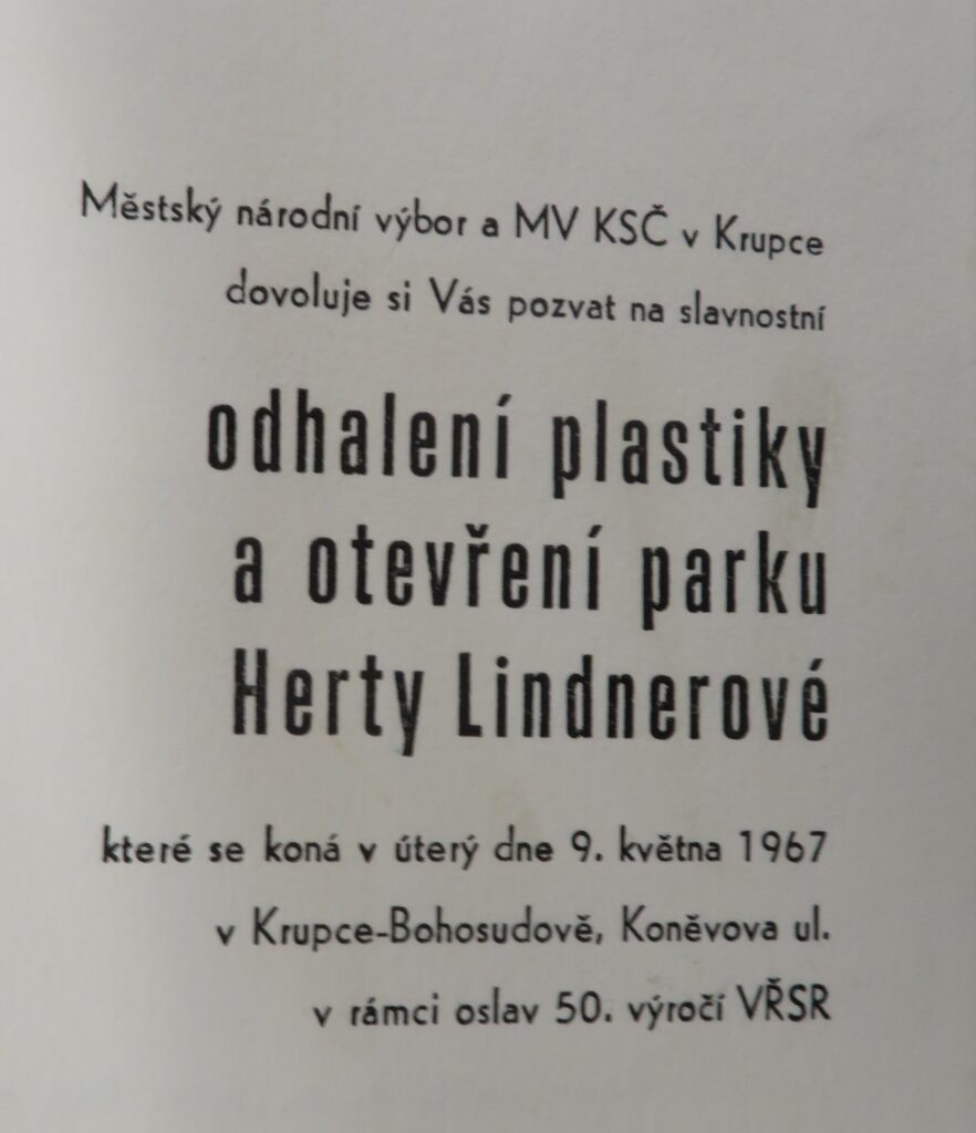 Pozvánka k slavnostnímu odhalení pomníku Hertě Lindnerové, 1967 /Státní okresní archiv Teplice
