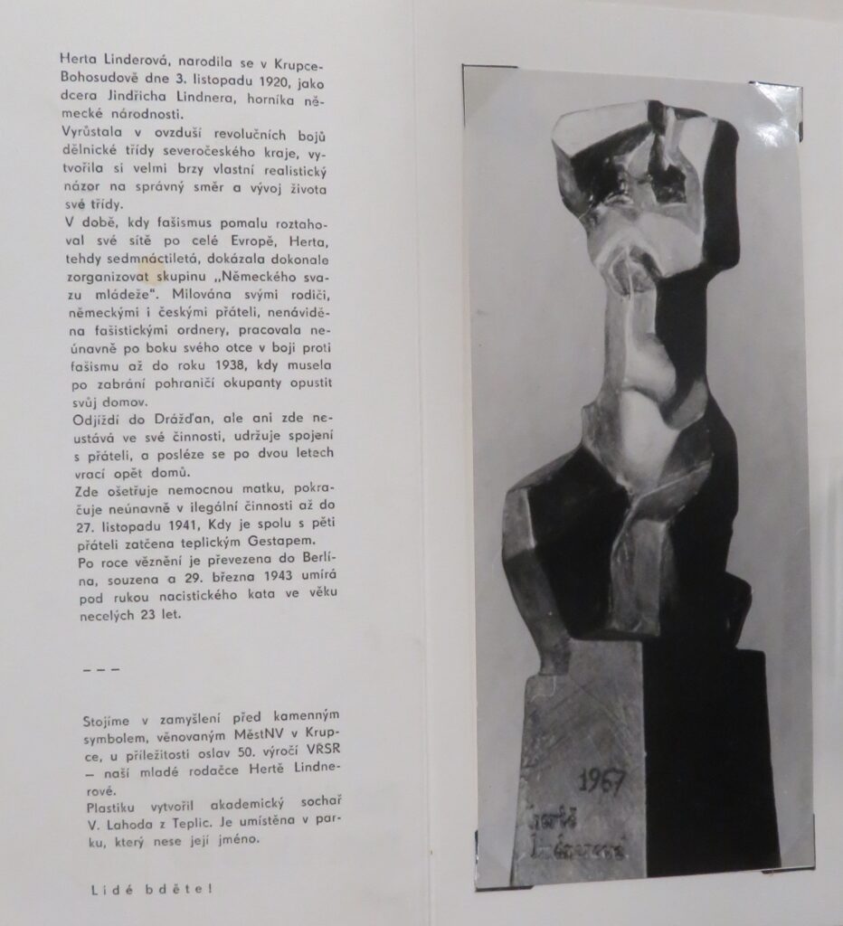 Leták vyrobený u příležitosti odhalení pomníku Hertě Lindnerové, 1967 /Státní okresní archiv Teplice