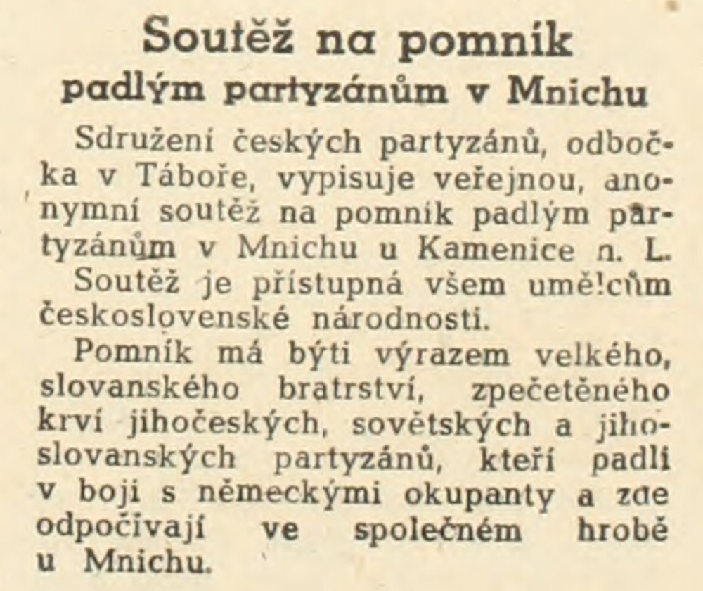 Vyhlášení soutěže na pomník v Mnichu /Partyzán, týdeník Sdružení českých partyzánů 8. 2. 1946
