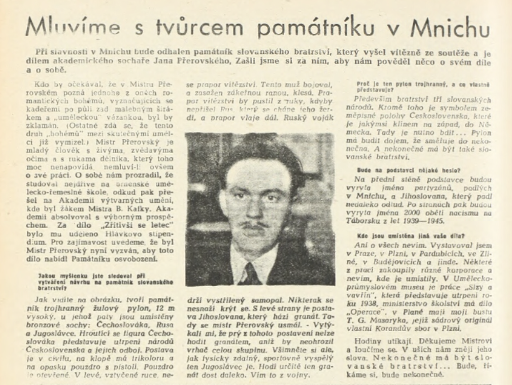 Rozhovor s akad. sochařem Janem Přerovským (1908–1986) o pomníku /Partyzán, týdeník Sdružení českých partyzánů 9. 5. 1947