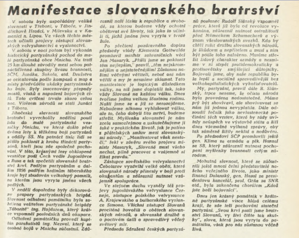 Článek o slavnosti odhalení pomníku v Mnichu /Partyzán, týdeník Sdružení českých partyzánů 23. 5. 1947