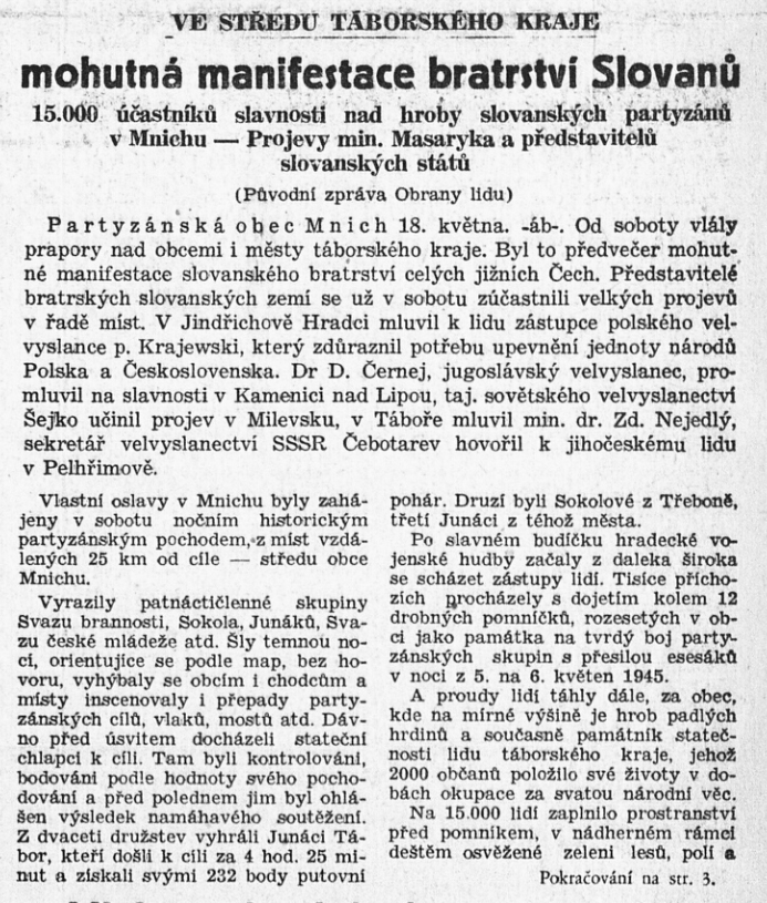 Článek o slavnosti odhalení pomníku v Mnichu /Obrana lidu, list Československé armády 20. 5. 1947