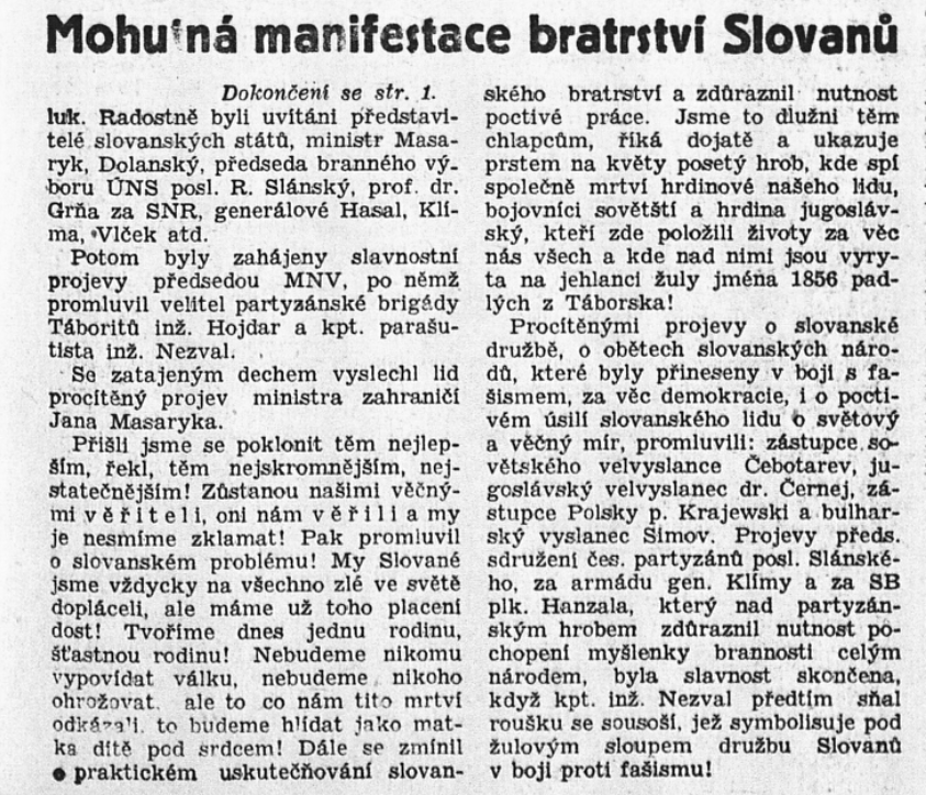 Článek o slavnosti odhalení pomníku v Mnichu /Obrana lidu, list Československé armády 20. 5. 1947
