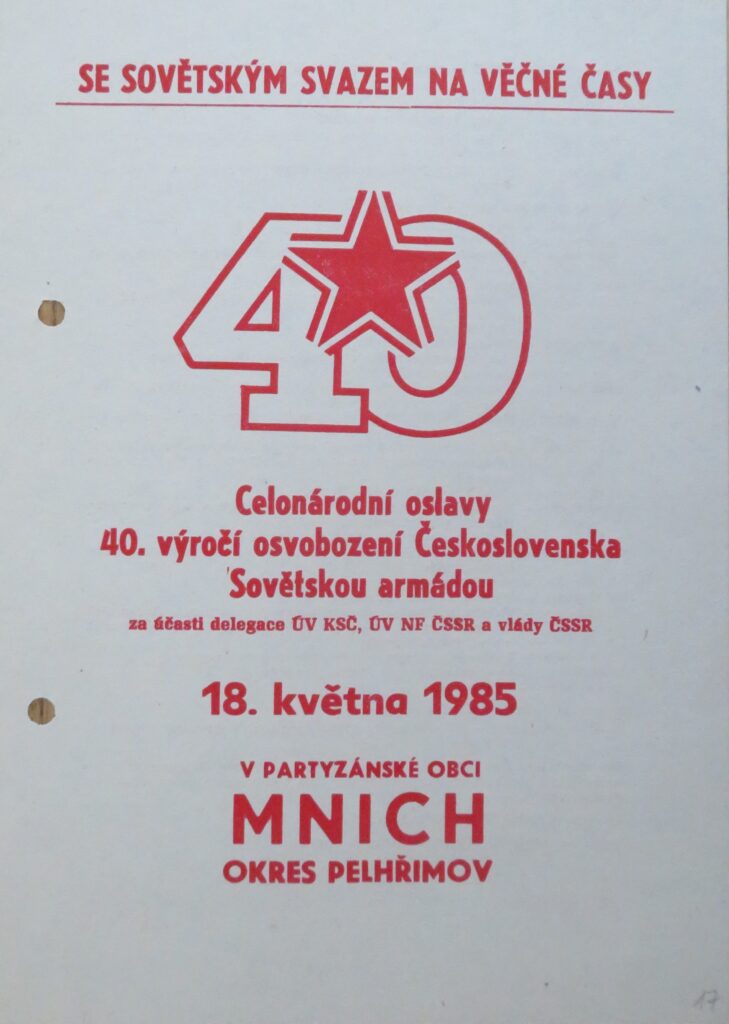 Leták k celonárodním oslavám 40. výročí osvobození v Mnichu, 1985 /Státní okresní archiv Pelhřimov