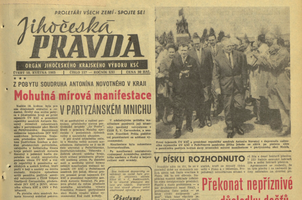 Článek o celonárodních oslavách v Mnichu v roce 1965 v krajském tisku /Jihočeská pravda 18. 5. 1965