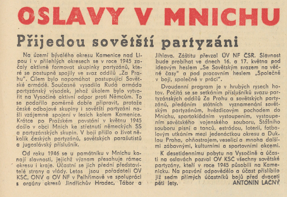 Program celostátních oslav v Mnichu 1970 avizovaný v krajském tisku /Jihočeská pravda 9. 4. 1970