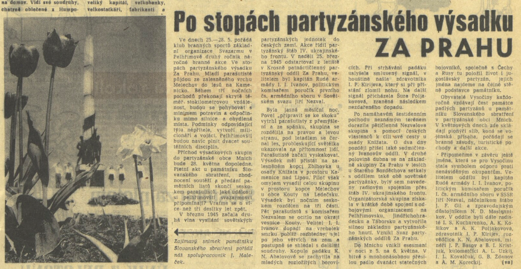 Článek Po stopách partyzánského výsadku Za Prahu /Jihočeská pravda 19. 5. 1978