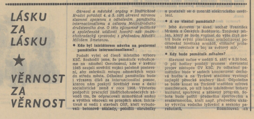 Rozhovor s předsedou národního výboru o významu památníku zobrazujícího rudoarmějce, dělníka a dívku s holubicí /Jihočeská pravda 23. 8. 1971