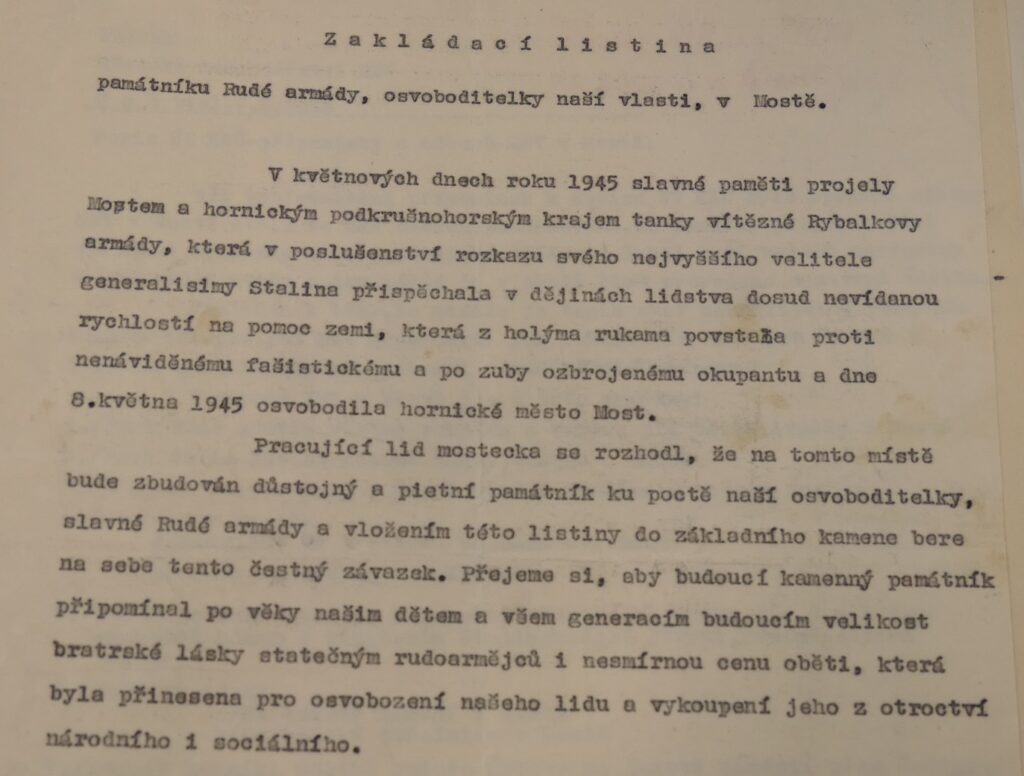 Zakládací listina památníku /Státní okresní archiv Most