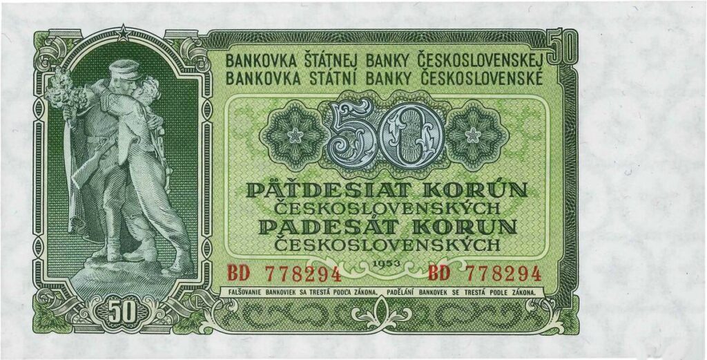Když se v roce 1953 kvůli utajení připravované měnové reformy ujali výtvarných návrhů na nové československé bankovky sovětští umělci, použili také známý motiv Sbratření /Wikimedia Commons, File:50 Korun Czechoslovakia 1953.jpg