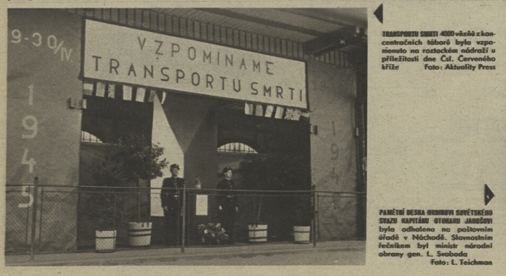Improvizované pietní místo na roztockém nádraží připomínající transporty koncentračních vězňů během prvního výročí konce druhé světové války /Svět v obrazech 12. 5. 1946
