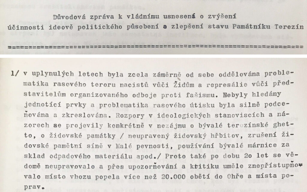 Část důvodové zprávy k vládnímu usnesení č. 446 z 5. 12. 1968 schvalujícímu novou koncepci činnosti Památníku Terezín. Výsledky umělecké soutěže (1968) na pomník obětem ghetta ve městě a za hradbami u Ohře byly na počátku 70. let anulovány /Státní okresní archiv Litoměřice