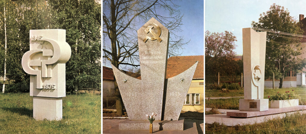 Příklady nefigurálních pomníků odhalených k 30. výročí osvobození v obcích na Znojemsku, které vzhledem k pořizovací ceně patřily k nejběžnějšímu typu pomníků /foto z Nikdy nezapomeneme, 1977