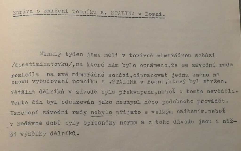 Zpráva jednoho ze spolupracovníků Státní bezpečnosti ve vyšetřování stržené Stalinovy sochy, duben 1954 /Archiv bezpečnostních složek