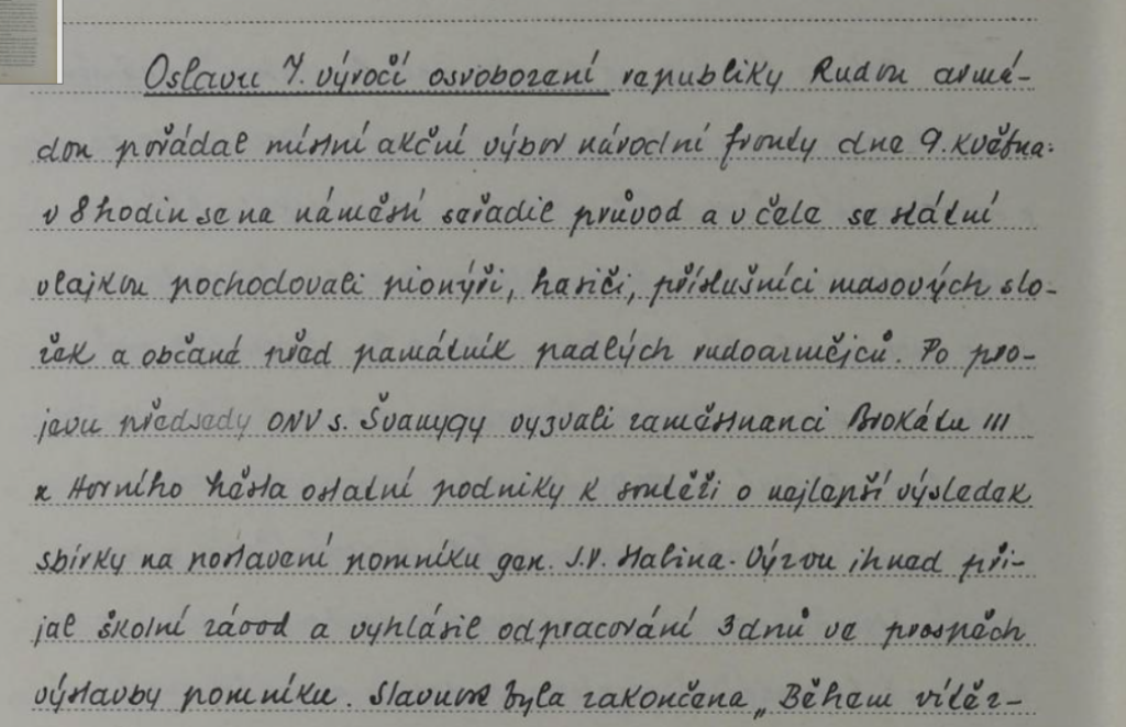 Záznam z kroniky města Rýmařov o výzvě zaměstnanců podniku Brokát ke sbírkám na pomník Stalina, 1952 /Státní okresní archiv Bruntál
