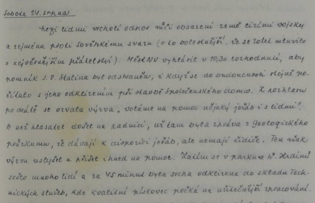 Zápis z kroniky o výzvě Městského národního výboru v Rýmařově k odstranění Stalinovy sochy v srpnu 1968 /Státní okresní archiv Bruntál