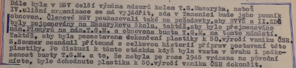 Už v roce 1965 městští funkcionáři rozhodli, že socha Májový pozdrav nenahradí Stalinův pomník, ale bude umístěna na náměstí Pionýrů (dříve Masarykovo, kde ve 30. letech byla umístěna busta TGM). I tento záměr byl nakonec ohrožen, tentokrát liberalizační snahou o rehabilitaci prvního československého prezidenta. Zápis z jednání MV KSČ Šumperk, 24. 6. 1968 /Státní okresní archiv Šumperk