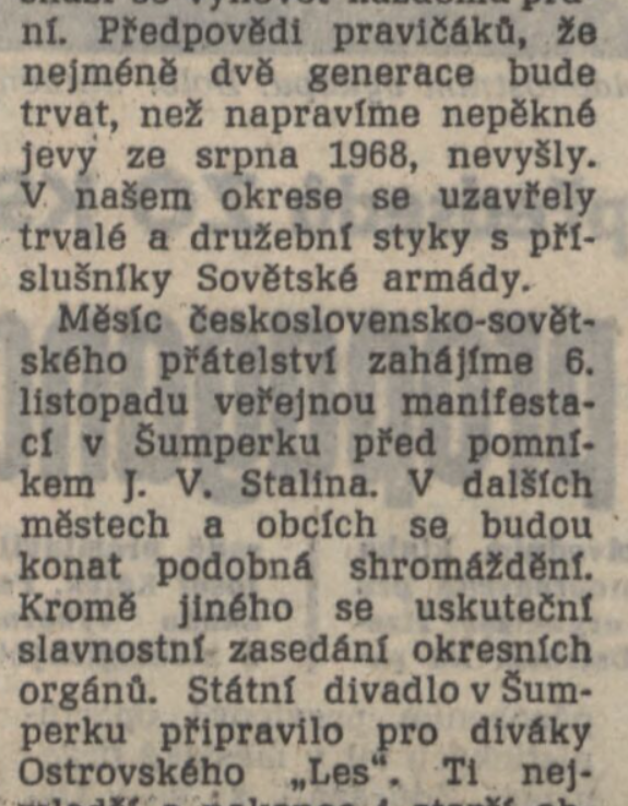 Šumpersko ve znamení oslav /Nová svoboda, deník KV KSČ Ostrava 5. 11. 1970