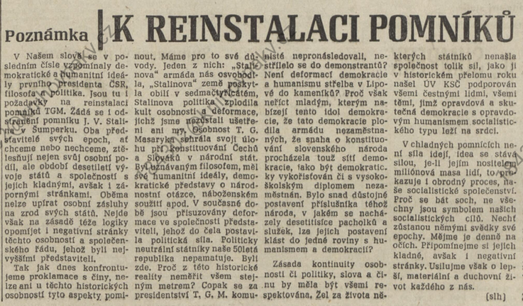 Plédování za ponechání Stalinova pomníku, jež zároveň veřejnosti tlumočilo názor stranických představitelů města /Naše slovo, týdeník OV KSČ a ONV v Šumperku 2. 5. 1968