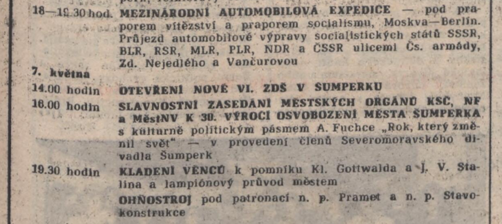 Z programu oslav 30. výročí osvobození v Šumperku /Naše slovo, týdeník ONV a OV KSČ Šumperk 30. 4. 1975