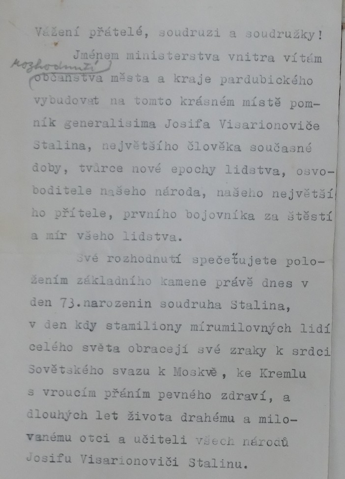 Z projevu zástupce ministerstva vnitra při příležitosti odhalení základního kamene Stalinova pomníku v Pardubicích /Státní okresní archiv Pardubice