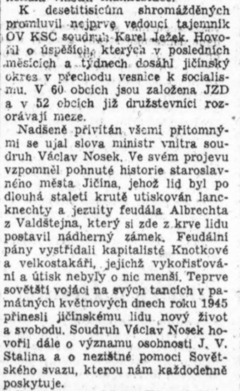 Z reportáže k odhalení Stalinova pomníku v Jičíně /Pochodeň, krajský orgán KSČ pro Královéhradecko 26. 9. 1952