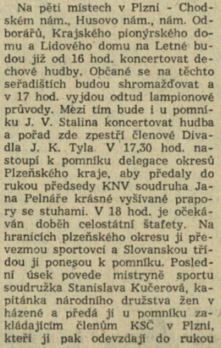 Jak plyne z programu Štafety míru a přátelství, pomník Stalina v Plzni byl oficiálně využíván i v roce 1957 /Pravda, list plzeňského KV KSČ 19. 10. 1957