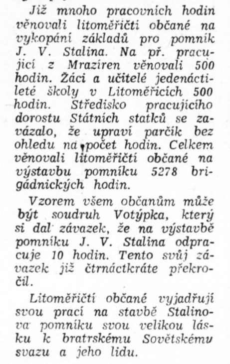 Přípravné práce pro pomník Stalina v Litoměřicích /Průboj, list KV KSČ v Ústí n. L. 13. 11. 1953