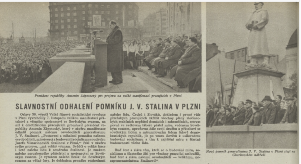 Odhalení Stalinova pomníku od Josefa Malejovského (1914–2003) v Plzni během oslav výročí bolševické revoluce v roce 1953 /Svět sovětů, časopis Svazu čs.-sovětského přátelství 18. 11. 1953