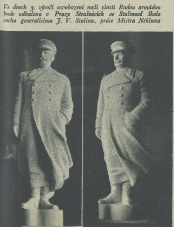 Zřejmě první československá socha Stalina instalovaná v květnu 1948 v jedné z pražských škol /Svět sovětů, časopis přátel SSSR 7. 5. 1948