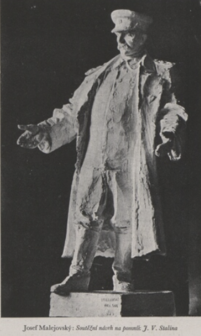Soutěžní návrh na pražský Stalinův pomník od Josefa Malejovského (1914–2003) z roku 1949. O třetí cenu se sochař dělil s Karlem Pokorným (1891–1962) /Výtvarné umění, časopis Svazu československých výtvarných umělců 3 (1955)