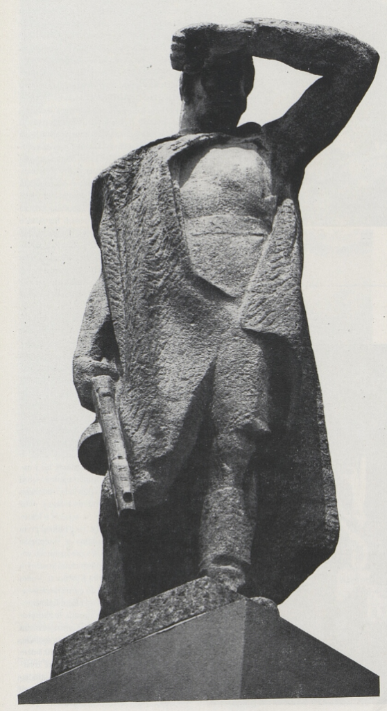 Břeclav, socha rudoarmějce od Jiřího Marka (1914–1993) z Památníku osvobození je v současnosti umístěna v městském parku /Výtvarná kultura, časopis SČVU 3 (1985)