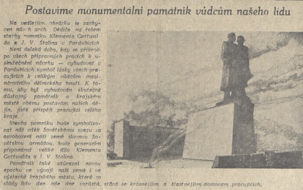 Po smrti Klementa Gottwalda v roce 1953 bylo rozhodnuto, že pomník bude rozšířen o postavu prvního komunistického prezidenta a jeho součástí bude mauzoleum Rudé armády a revolučních bojů /Zář, list KSČ Pardubického kraje 13. 7. 1954