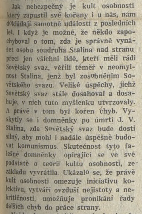 Úryvek z článku Uvést do praxe poučení z XX. sjezdu KSSS /Zář, list KSČ Pardubického kraje 17. 4. 1956