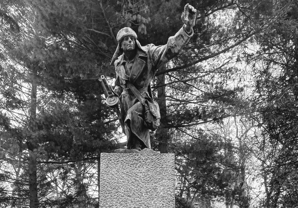 Sokolov, pomník bojovníka čs. armádního sboru od Sokolova od Vendelína Zdrůbeckého (1923–1986) z roku 1951, jenž měl posilovat identifikaci s novým názvem města a jeho odkazem (přejmenování Falknova nad Ohří na Sokolov proběhlo na jaře 1948 za účasti armádního generála Ludvíka Svobody). Mísení s dalšími symbolikami, které reprezentovala dedikace Se Sovětským svazem na stráži míru, ve výsledku způsobilo, že veřejnost postavu československého vojáka považovala za rudoarmějce /foto autorů